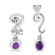 Swirling Ethnic Dangling Drop Stud Silver Earrings w/ Amethyst Stone - e166